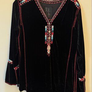 Johnny Was Pete + Greta Black Velvet Top with Colorful Embroidery and Pearls
